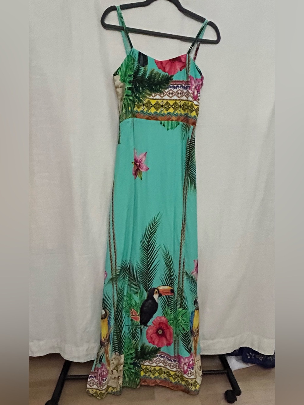 Tropical Resortwear Hawaain Turquoise Maxi Dress with Floral & Toucan Print